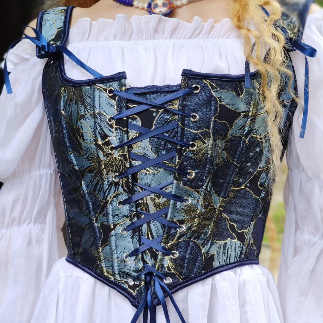 Renaissance Style Blue Pattern U-Back Corset Vest