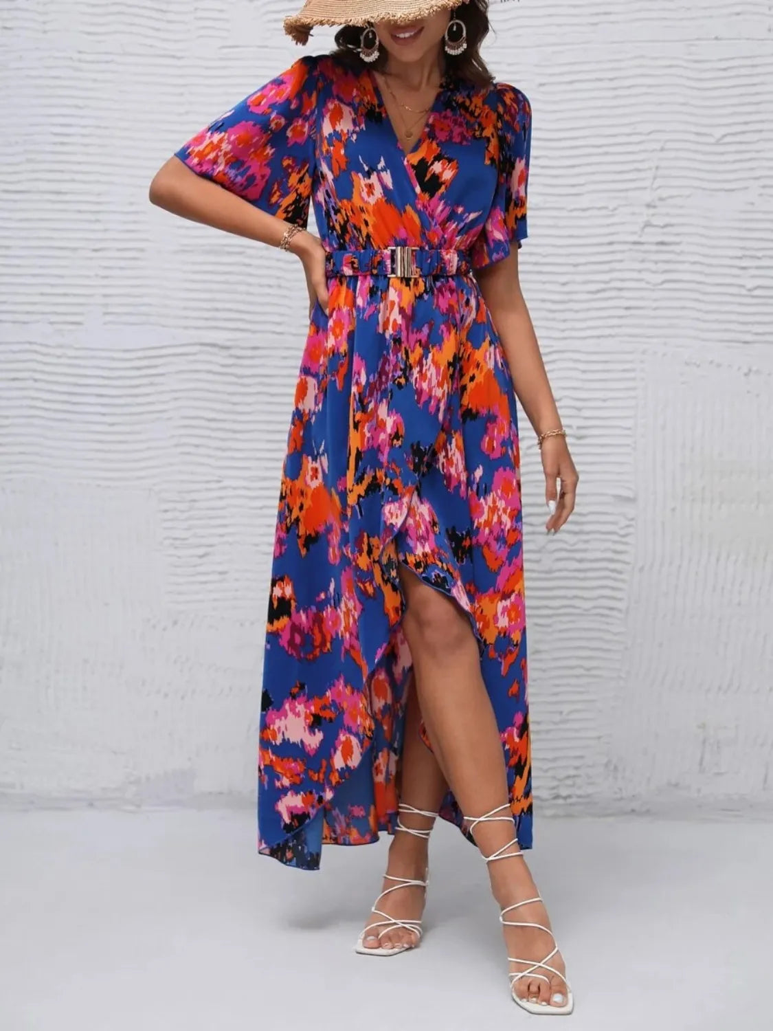 Printed Surplice Short Sleeve Maxi Dress