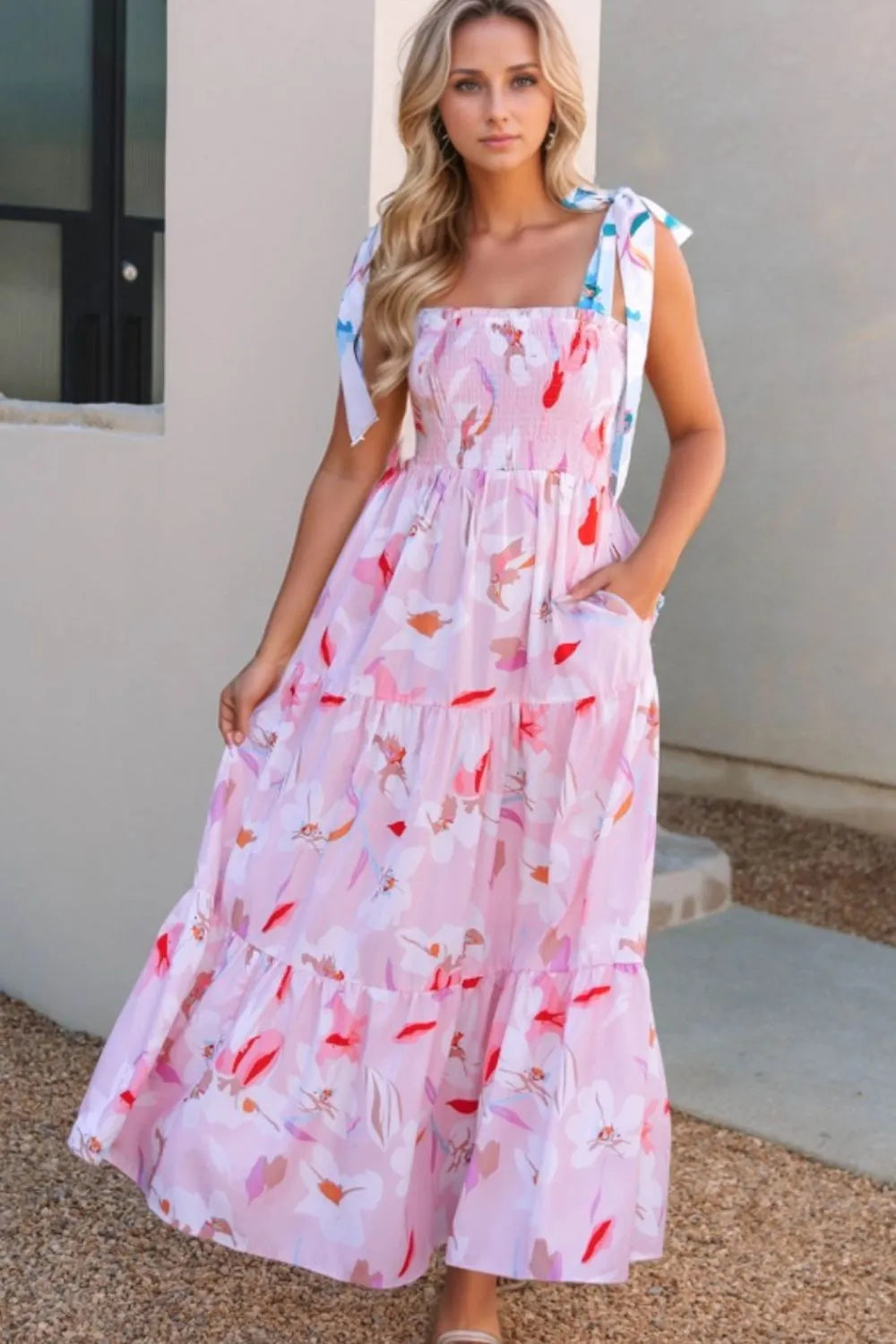 Floral Print Knotted Shoulder Smocked Maxi Dress