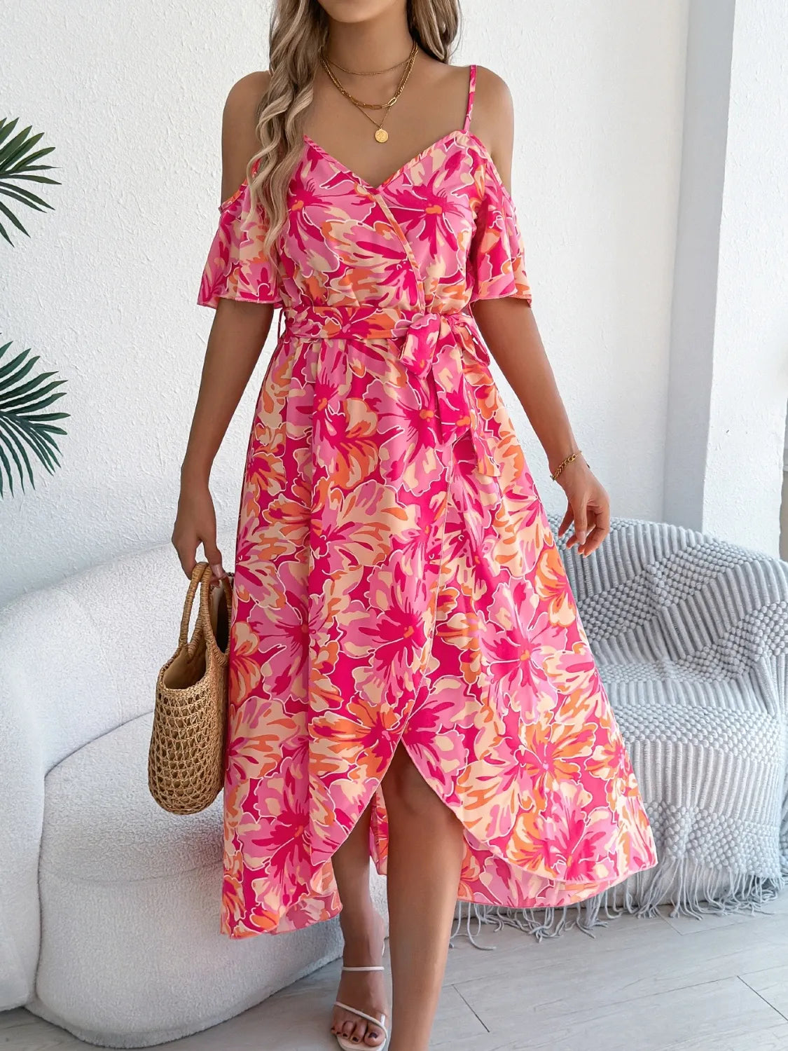 Printed Cold Shoulder Midi Cami Dress