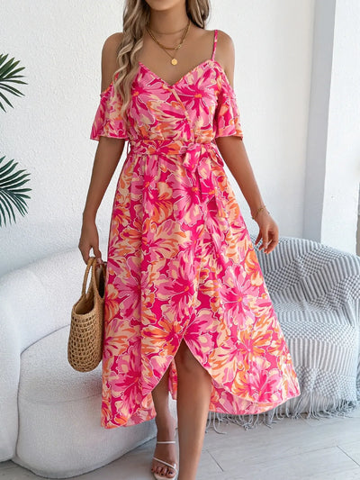 Printed Cold Shoulder Midi Cami Dress