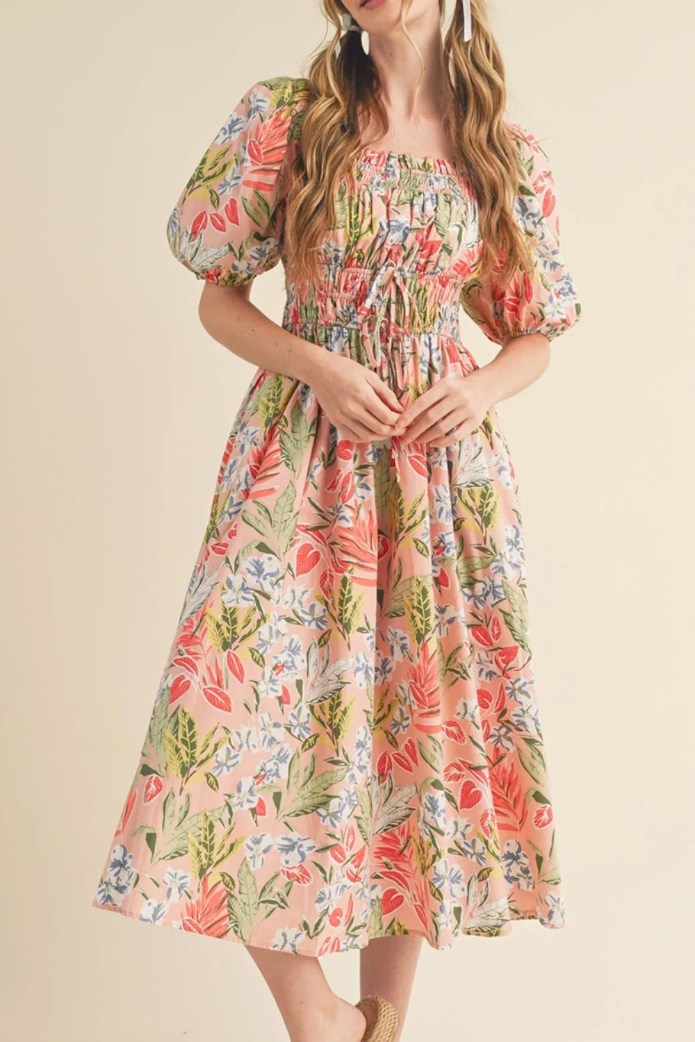 Floral Smocked Square Neck Puff Short Sleeve Midi Dress