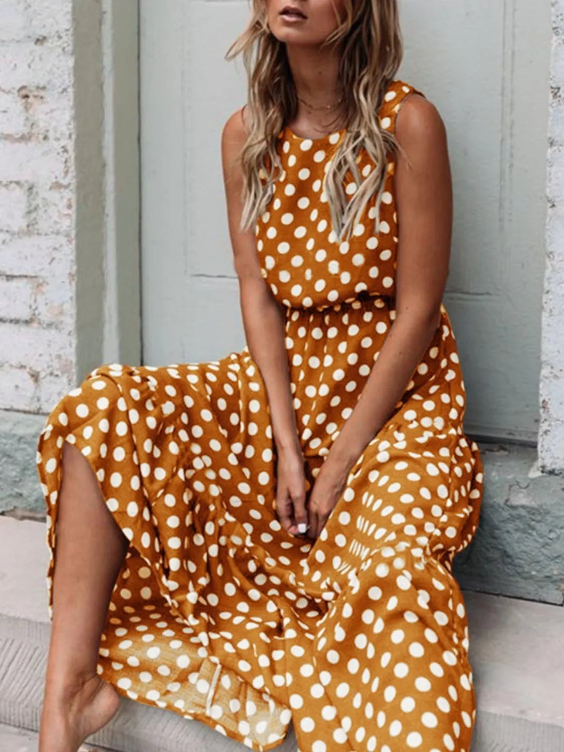Polka Dot Round Neck Sleeveless Midi Dress