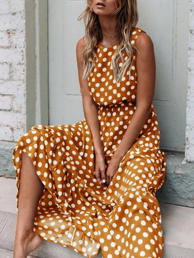 Polka Dot Round Neck Sleeveless Midi Dress