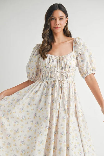 MABLE Floral Drawstring Detail Puff Sleeve Midi Dress