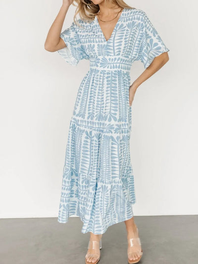 Ruched Printed V-Neck Half Sleeve Midi Dress