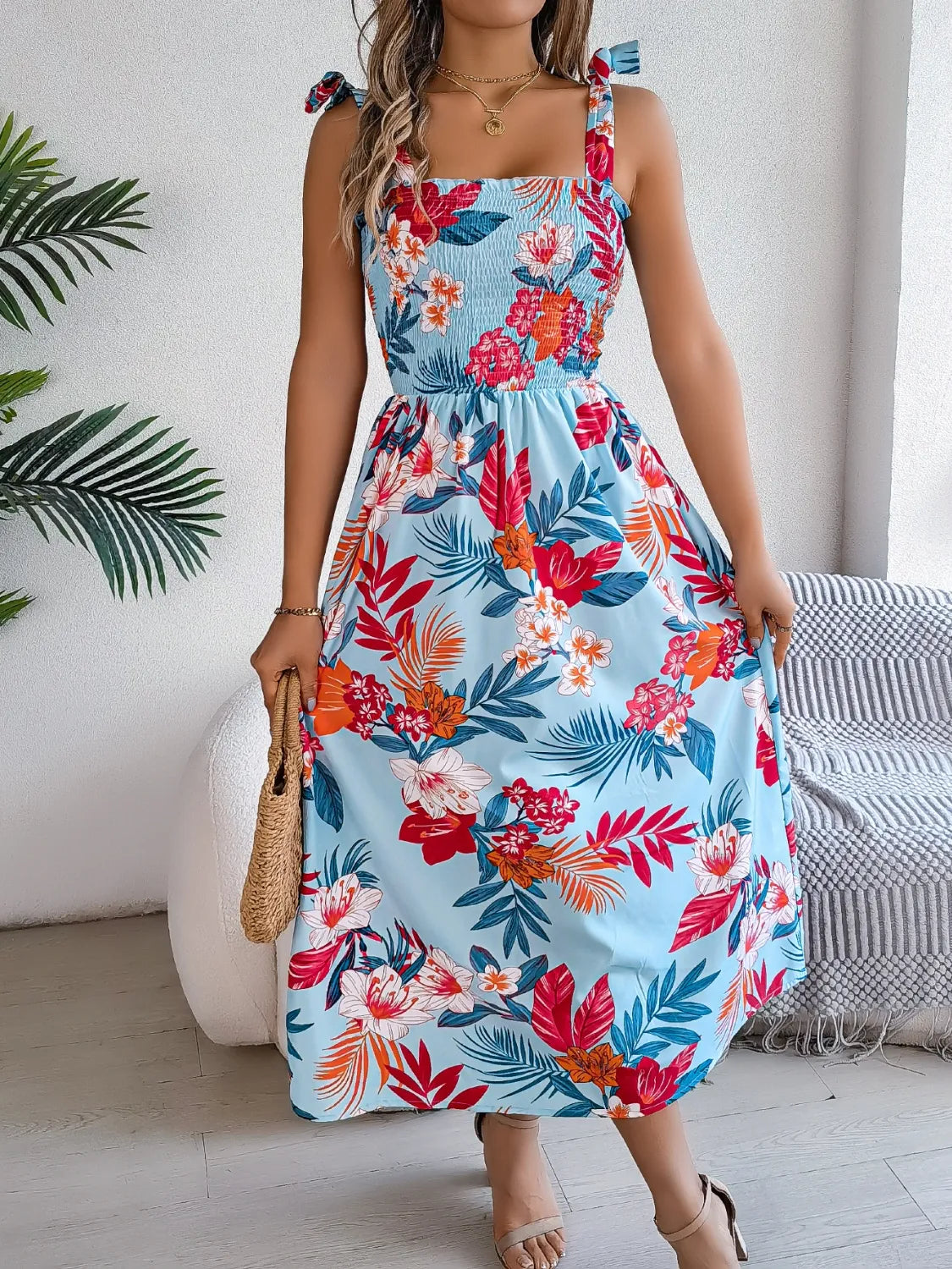Smocked Floral Tie Shoulder Midi Dress