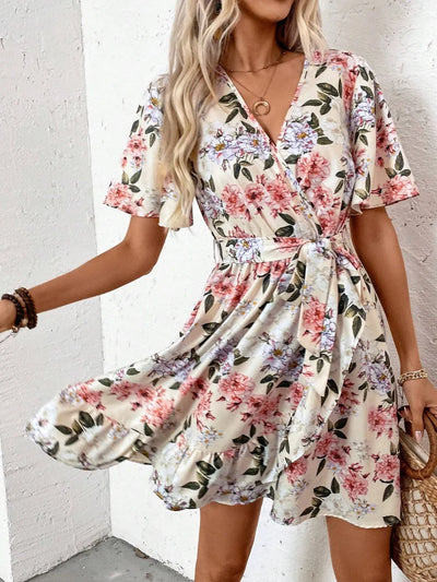 Printed Surplice Short Sleeve Mini Dress