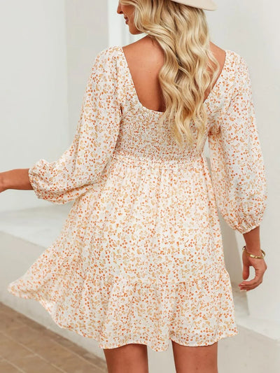 Smocked Floral Square Neck Dress
