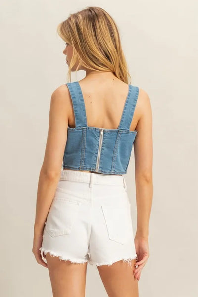 HYFVE Washed Sweetheart Neck Wide Strap Denim Tank