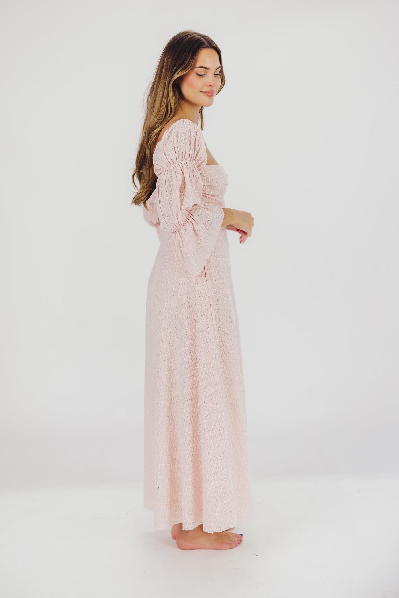 Corrine – langes Kleid mit rüschenärmeln und taschen – ballerina-pink – stoßfest