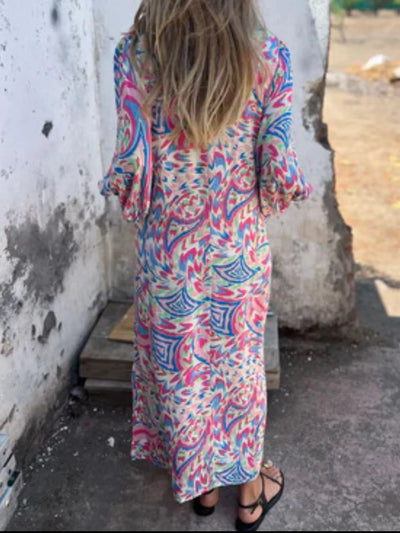 Full Size Printed V-Neck Dress with Pockets Plus Size