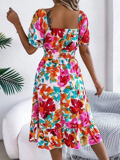 Ruffled Hem Smocked Floral Short Sleeve Midi Dress