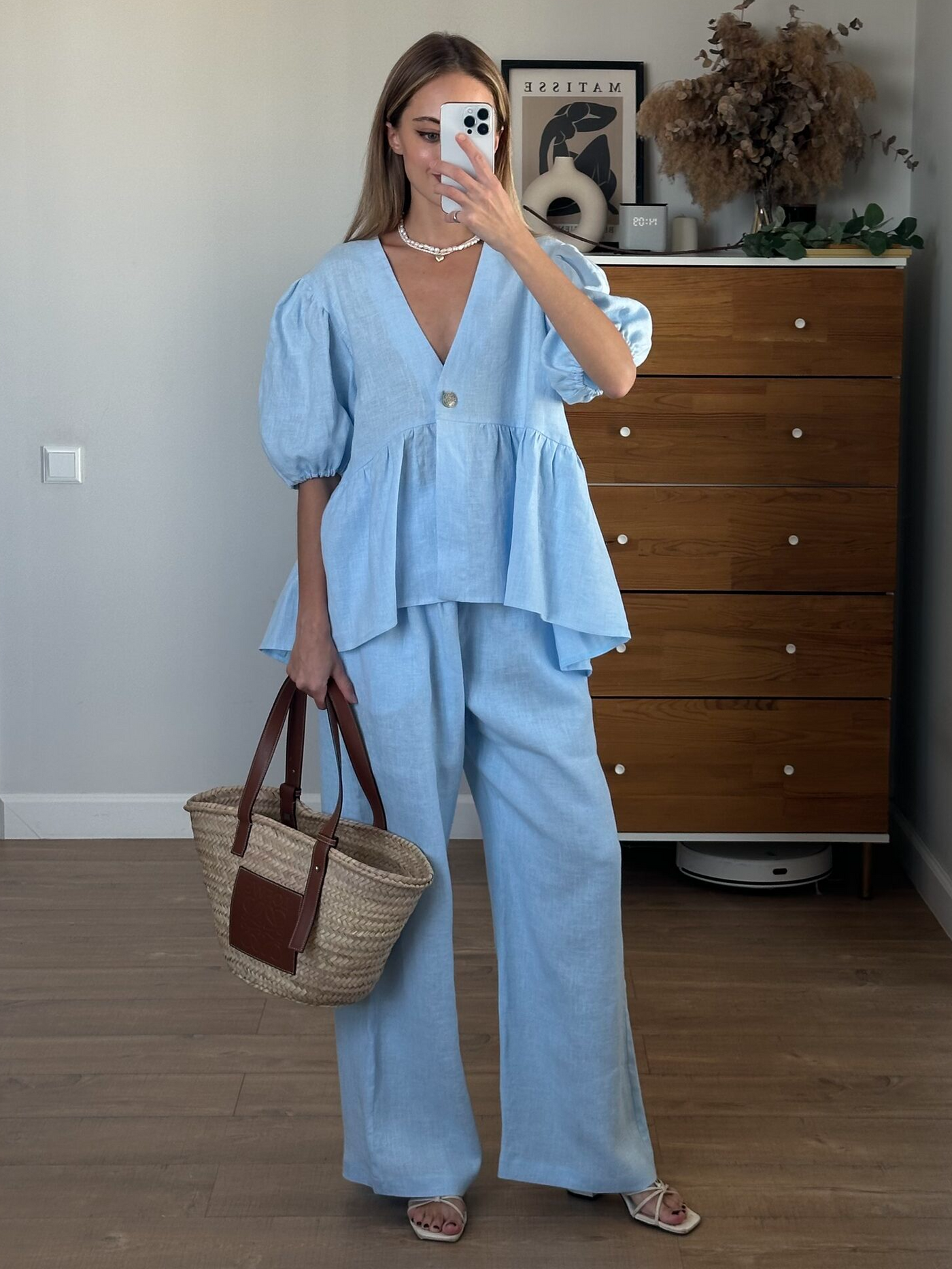 LINEN RUFFLED BUBBLE SLEEVE TWO-PIECE SET