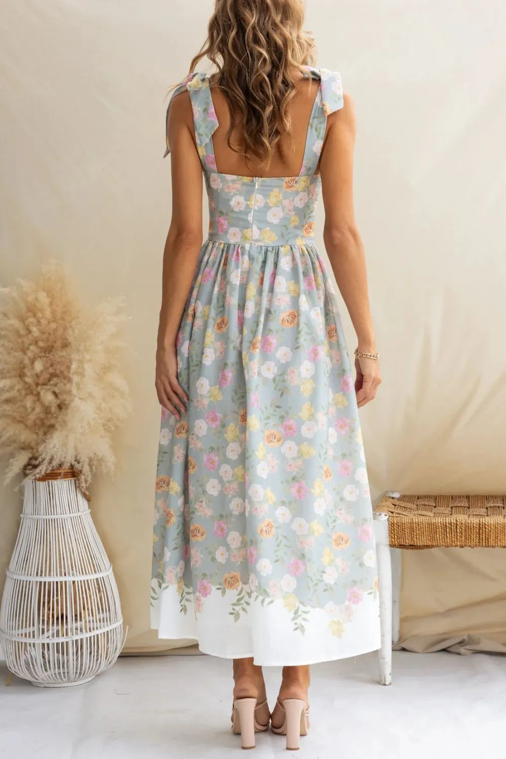 Printed Tie Shoulder Midi Cami Dress