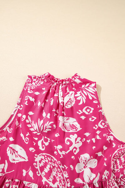 Floral Sleeveless Tasseled Tie Neck Tiered Midi Dress