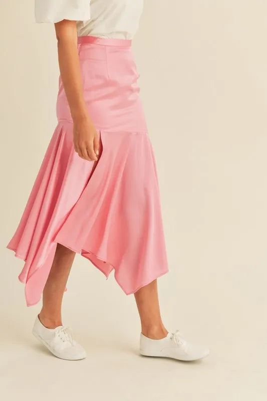 MABLE Satin Handkerchief Asymmetrical Hem Midi Skirt