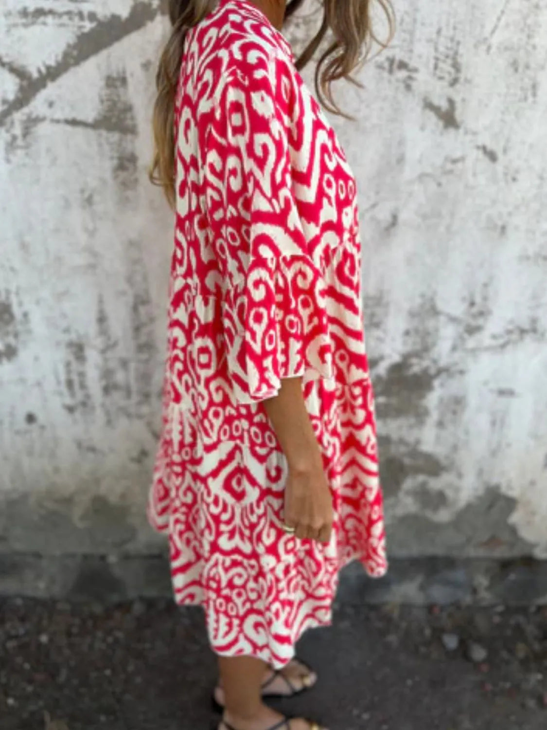 Full Size Printed Notched Half Sleeve Dress Plus Size