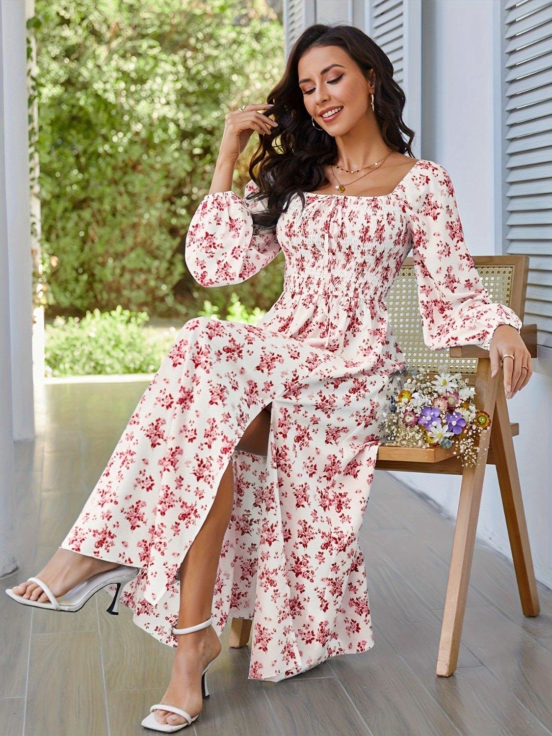 Slit Smocked Floral Square Neck Balloon Sleeve Midi Dress