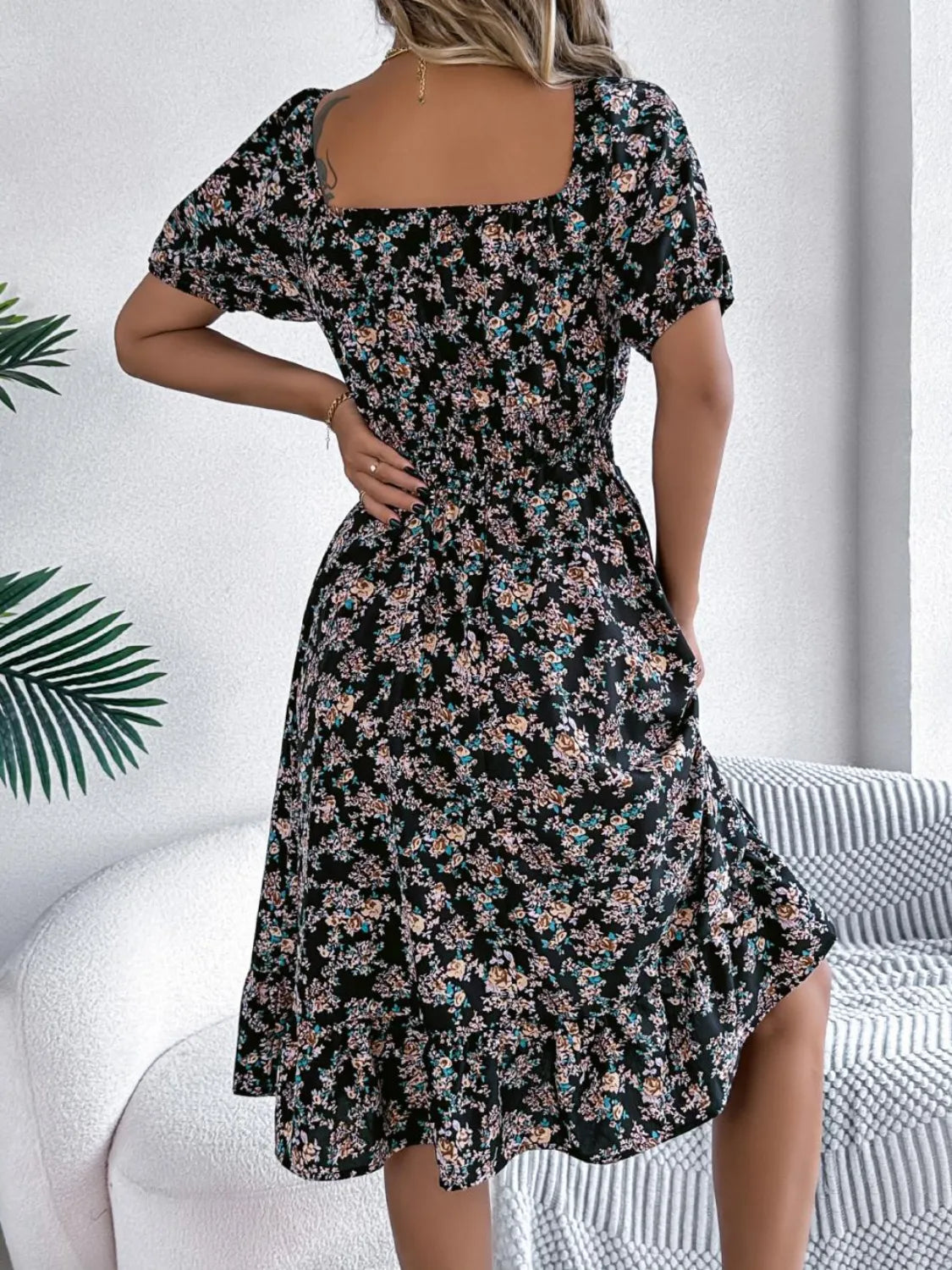 Ruffled Hem Floral Puff Sleeve Dress