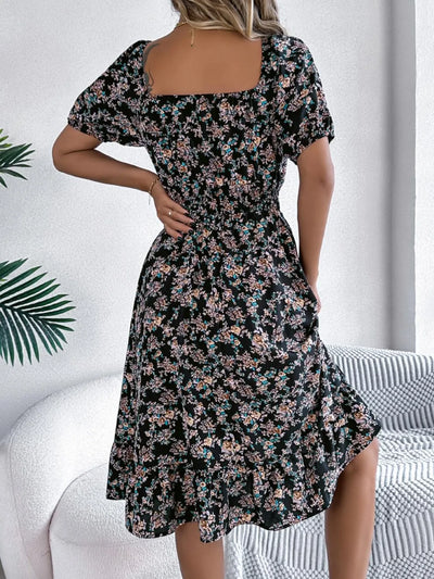 Ruffled Hem Floral Puff Sleeve Dress