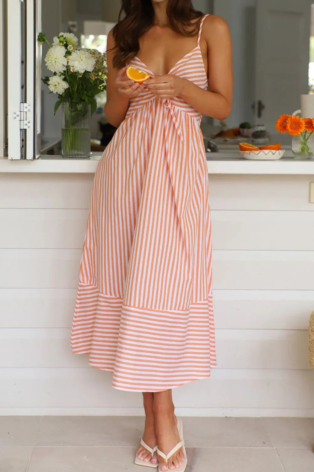 Smocked Back Striped Sleeveless Midi Cami Dress