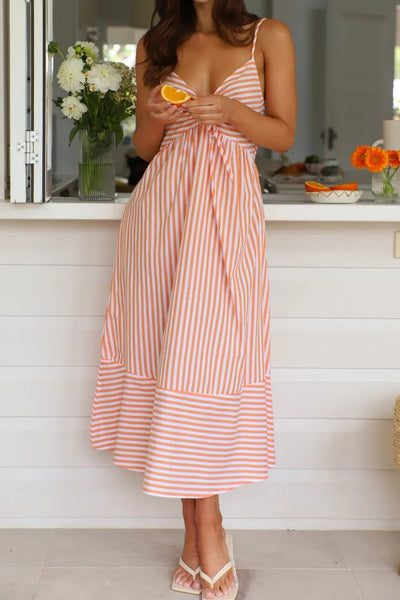 Smocked Back Striped Sleeveless Midi Cami Dress