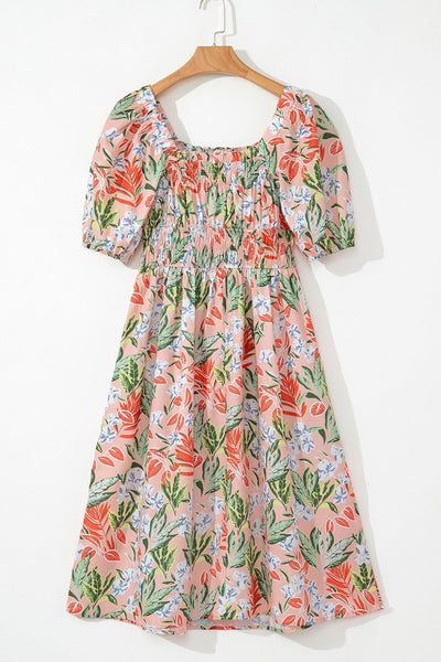 Floral Smocked Square Neck Puff Short Sleeve Midi Dress