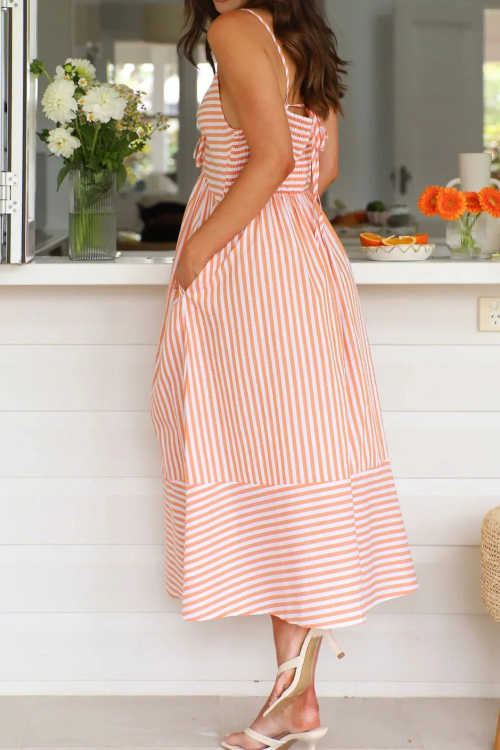 Smocked Back Striped Sleeveless Midi Cami Dress