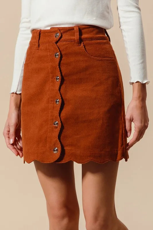 SO ME Scallop Buttoned Front Corduroy Mini Skirt