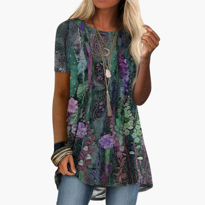 Geblümte Bluse für Damen - Kurzarm, Mehrfarbig, Elegant