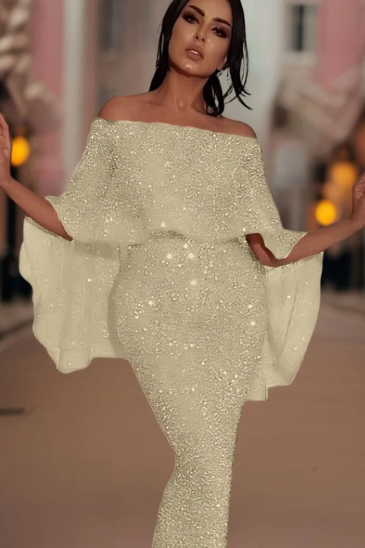 Heidi-Mode | Off-Shoulder Glitzer Maxi Kleid