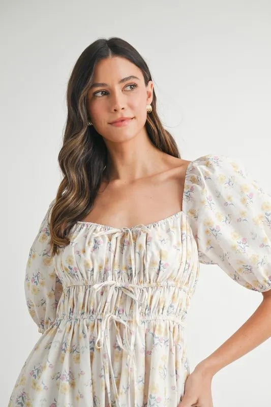 MABLE Floral Drawstring Detail Puff Sleeve Midi Dress