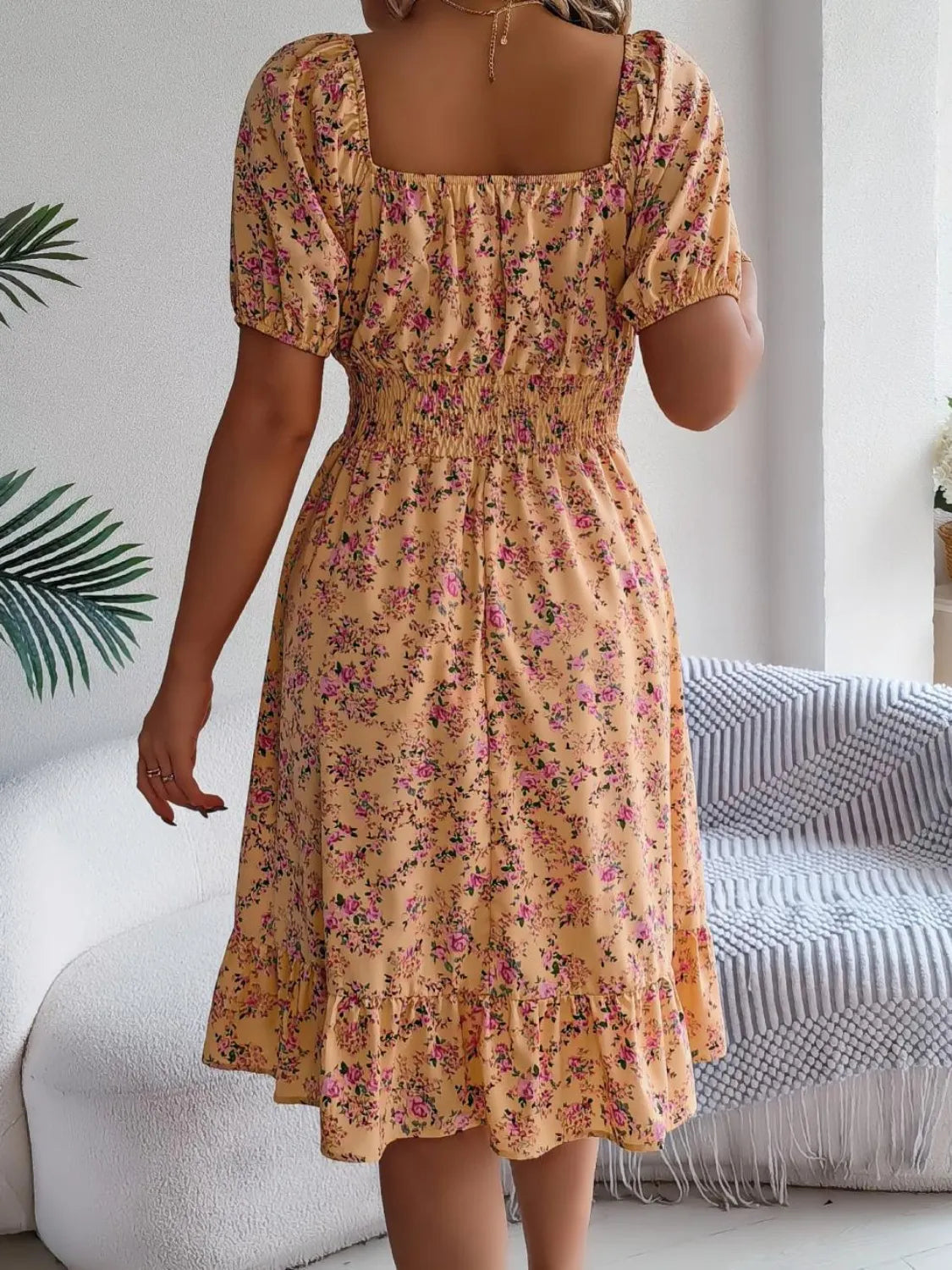 Ruffled Hem Floral Puff Sleeve Dress