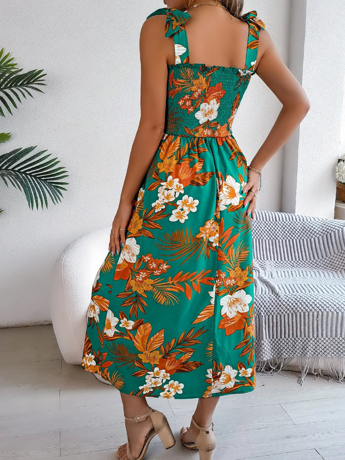 Smocked Floral Tie Shoulder Midi Dress