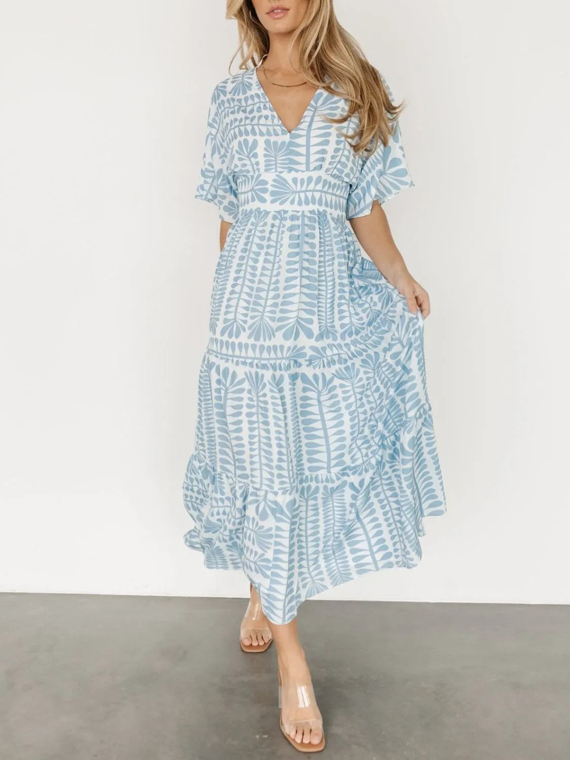 Ruched Printed V-Neck Half Sleeve Midi Dress