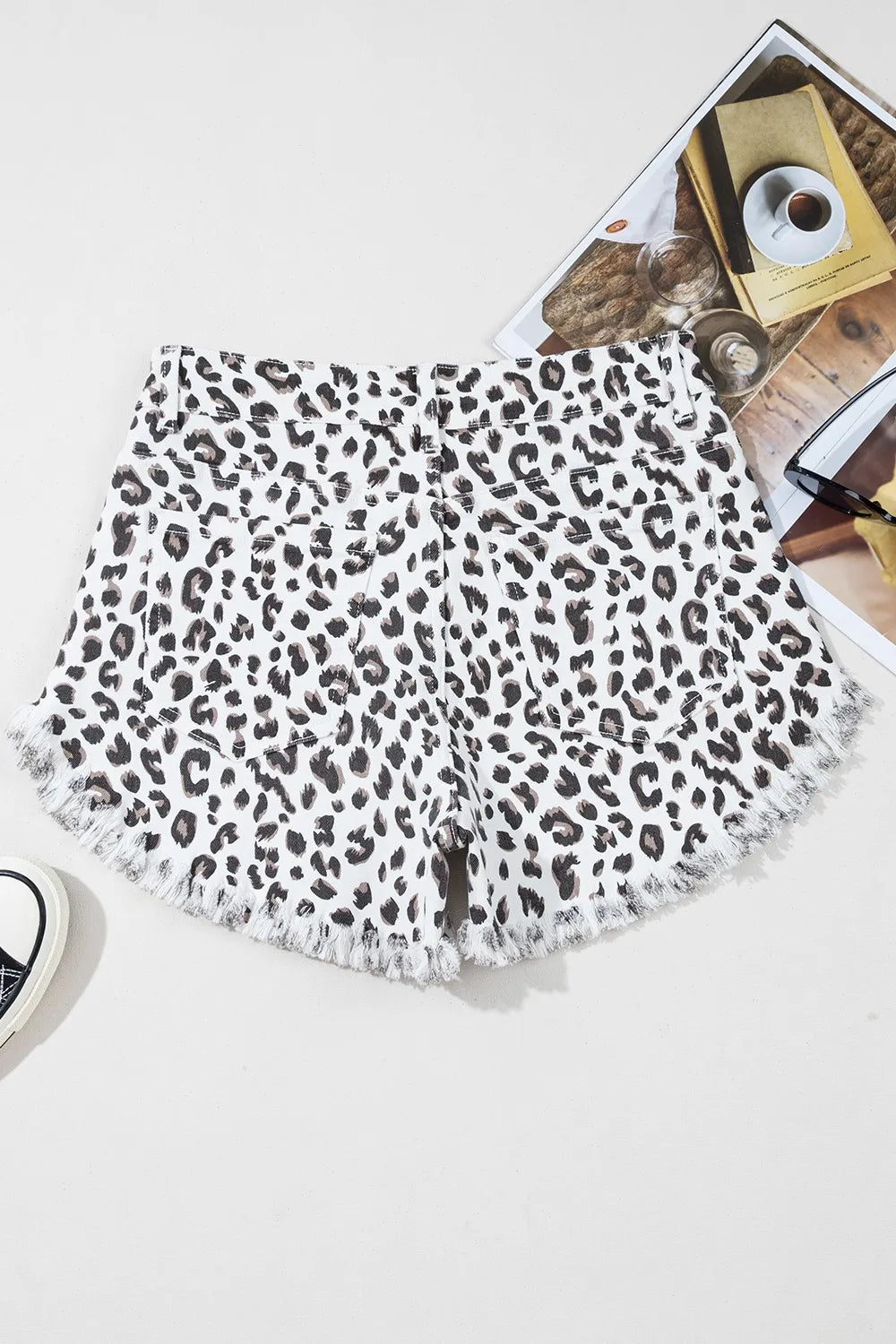 Leopard Frayed Hem Denim Shorts