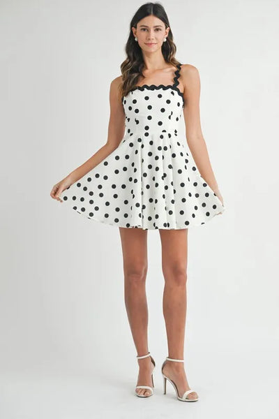MABLE Polka Dot Mini Dress with Ricrac Trim Strap