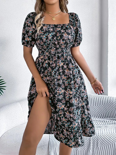 Ruffled Hem Floral Puff Sleeve Dress
