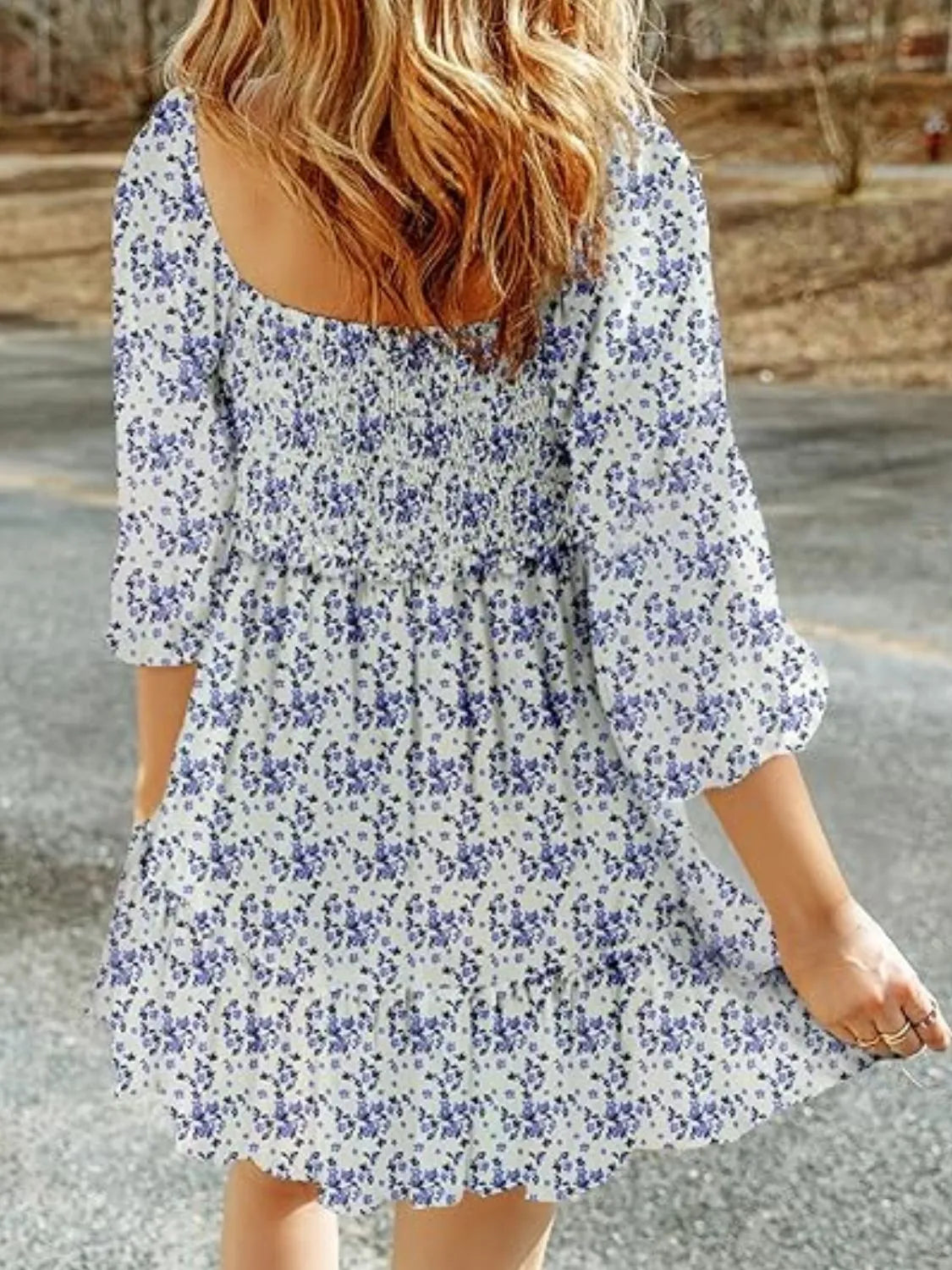 Smocked Floral Square Neck Dress