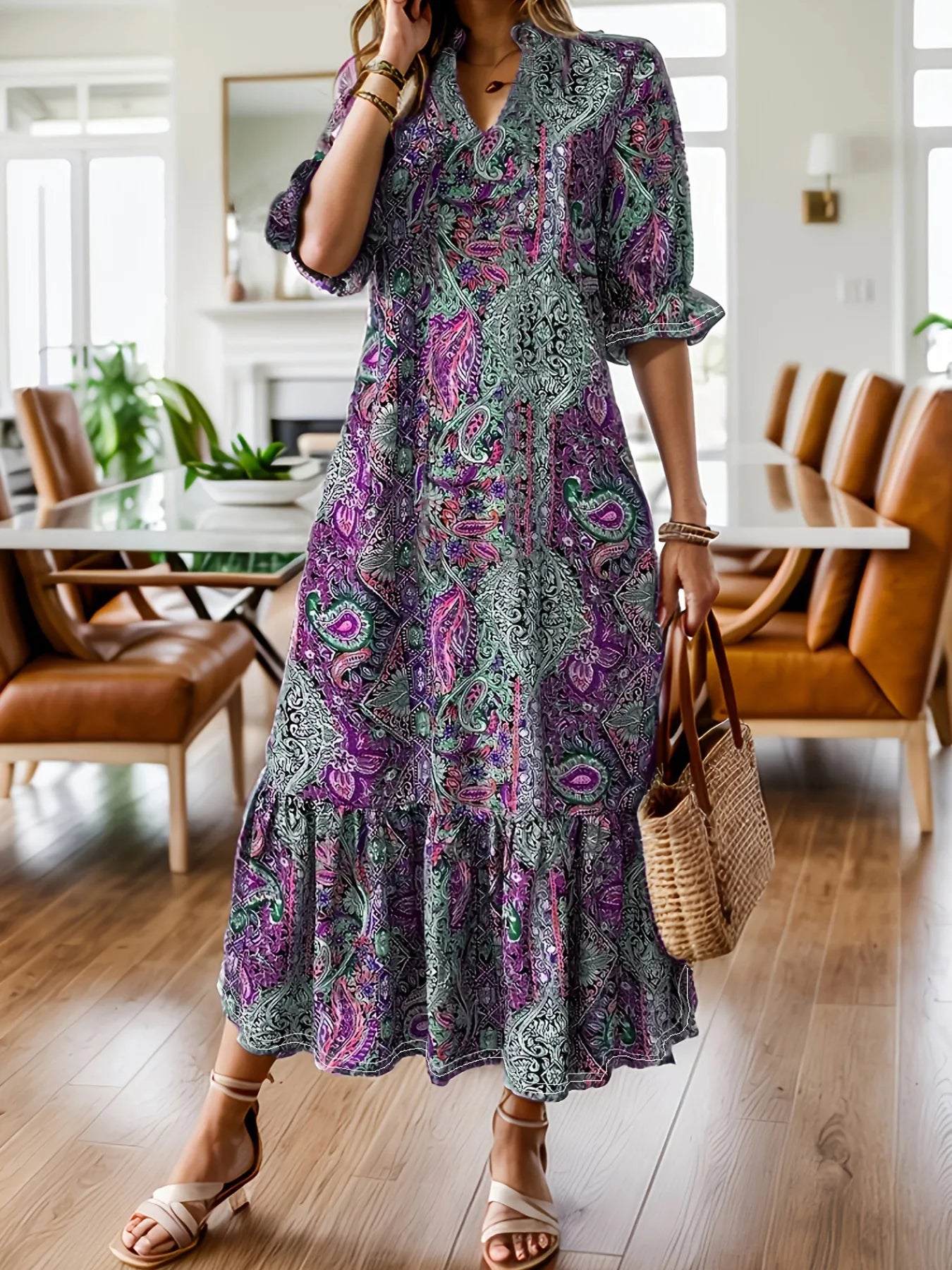 Full Size Bohemian Paisley Print Ruffle Hem Midi Dress Plus Size