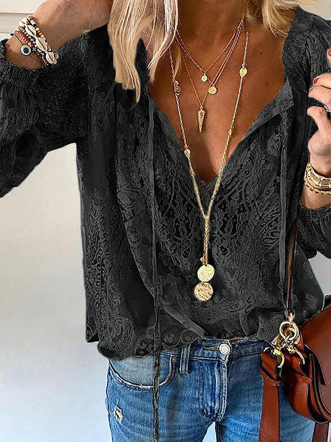 Heidi-Mode | V-Ausschnitt Spitzen Chiffon Bluse