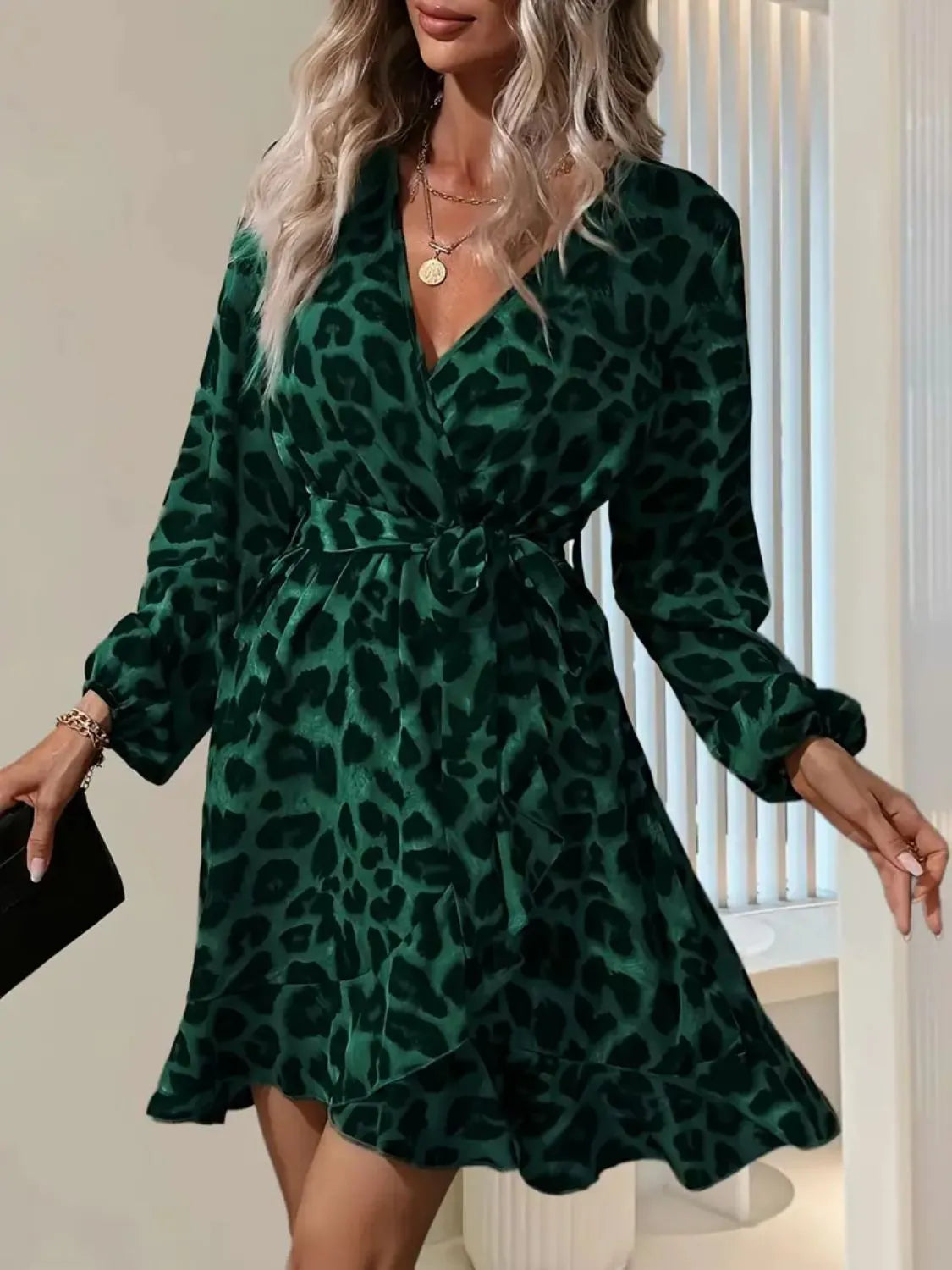 Printed Surplice Balloon Sleeve Mini Dress