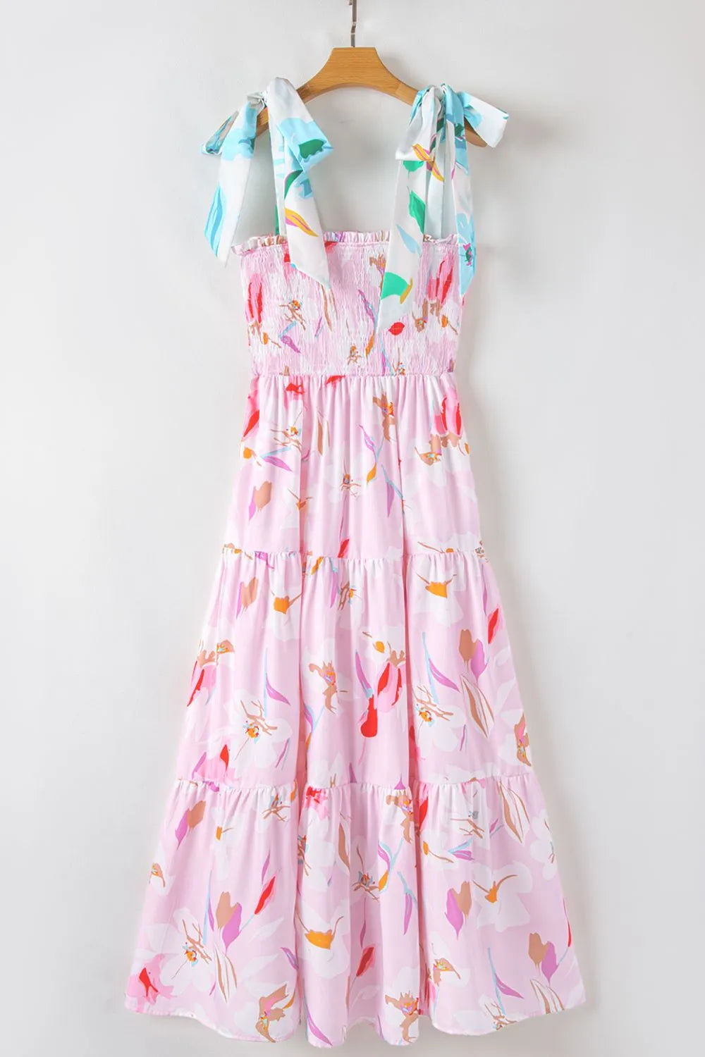 Floral Print Knotted Shoulder Smocked Maxi Dress