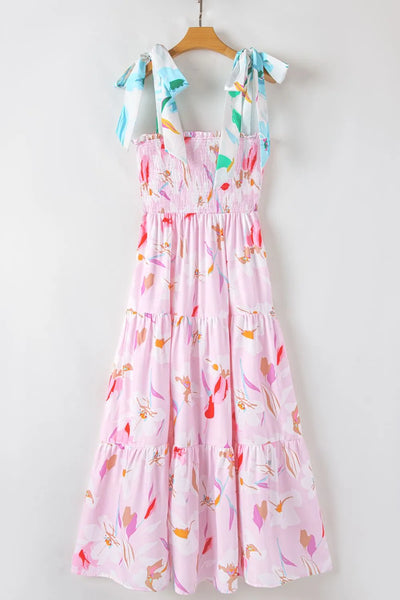 Floral Print Knotted Shoulder Smocked Maxi Dress