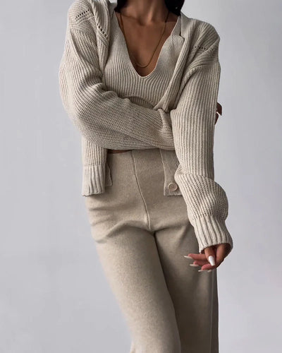 Heidi-Mode | Trendy Bequeme Schicke Set - Strickjacke, Top + Hose