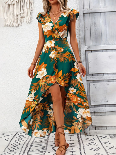 High-Low Printed Cap Sleeve Maxi Dress
