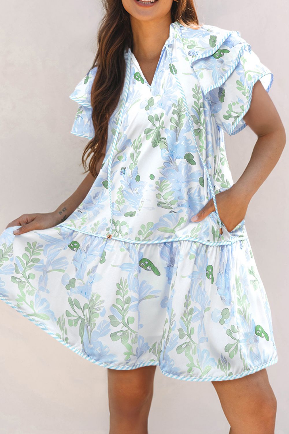 Floral Contrast Edge Layered Short Sleeve Mini Dress