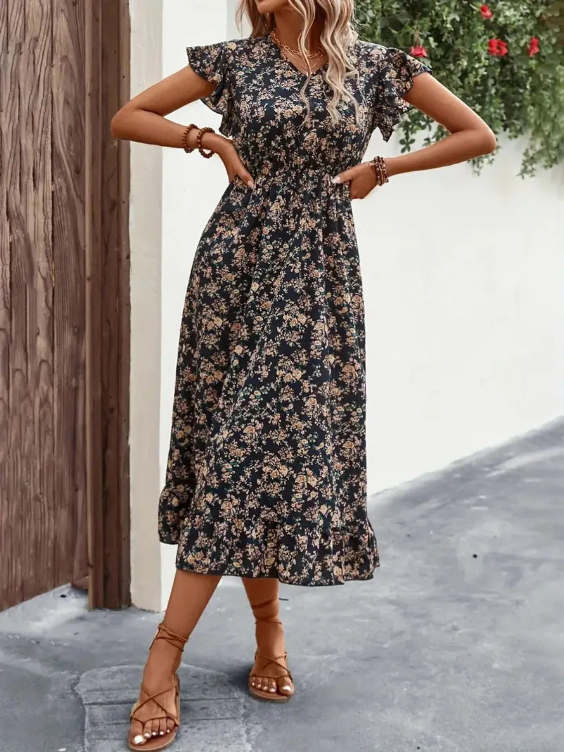 Ruffled Floral V-Neck Cap Sleeve Dress