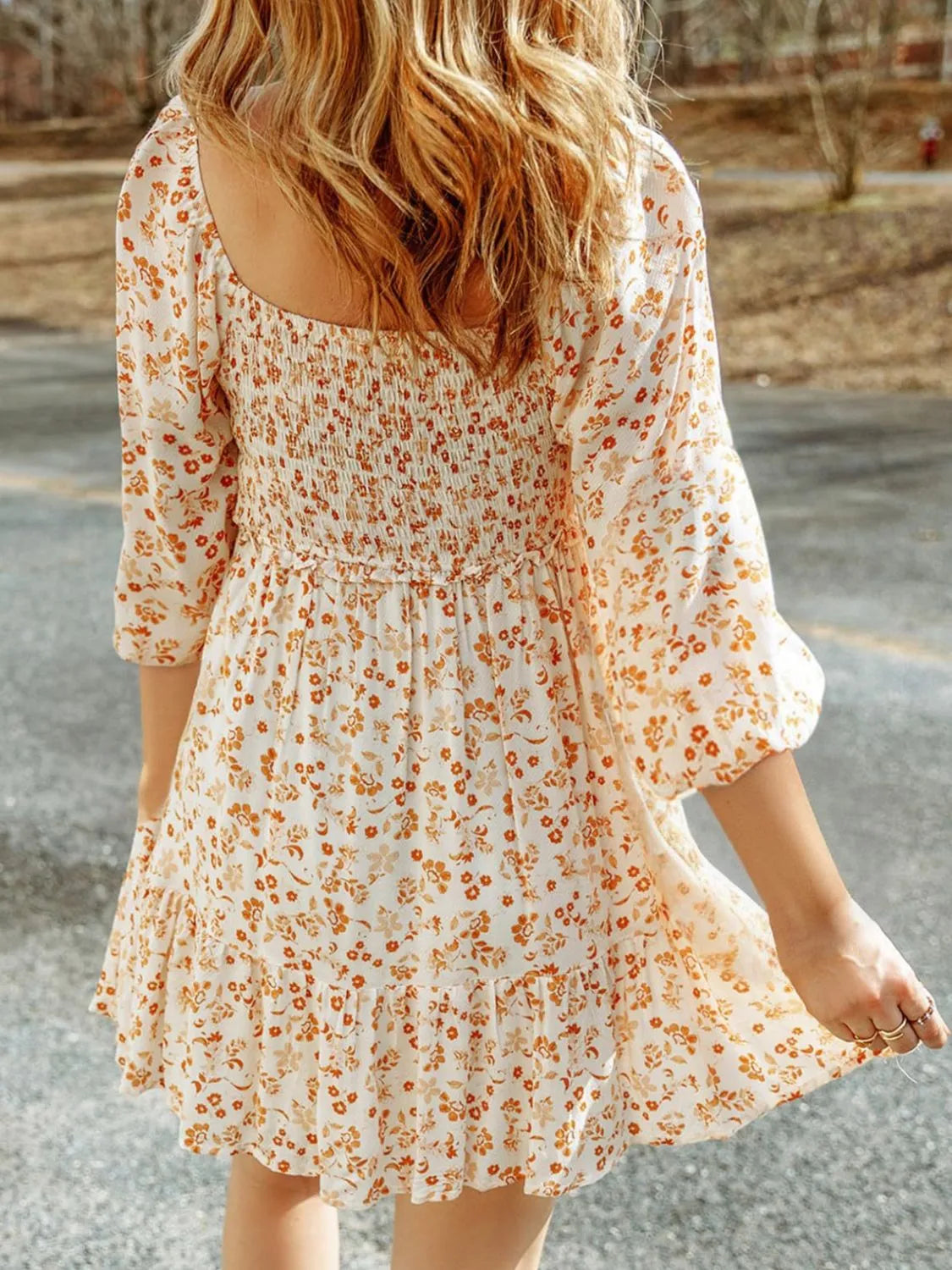 Smocked Floral Square Neck Dress